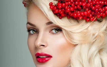 Christmas girl - girl, berry, blonde, beauty, lips, red, woman, model, face, lipstick