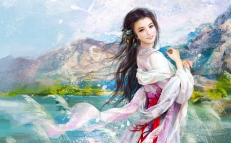 Girl at the Lake - digital, pretty, beautiful, veil, scarf, girl, art, fantasy, nice, female, veils, kimono, asian, woman