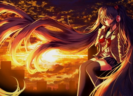 Sunlight - hatsune miku, sunlight, headphones, vocaloid, sun, anime, long hair, pigtails