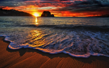 Beach Sunset - sky, reflection, clouds, beach, sunset, nature