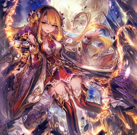 Fire Magic - anime, magic, female, dress, long hair, fire, red, golden, art, anime girl, beautiful, girl, blonde hair, beauty, lovely, sweet, witch, glow, white, lady, woman, spell, cute