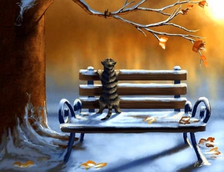 Sweet Friendship - branches, xmas and new year, cat, animals, winter, bird, love four seasons, holidays, snow, beloved valentines, paintings