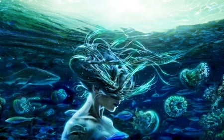 Ocean reverie - ocean reverie, jellyfish, girl, blue, art, fantasy, fish, alexiuss, sea, underwater, green