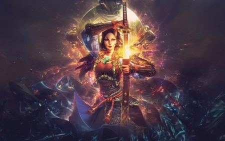 Fantasy girl - fantasy, woman, girl, sword, orange, dark, luminos