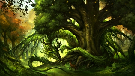 The green dragon - tree, fantasy, animal, dragon, deer, green, sandara, art, luminos