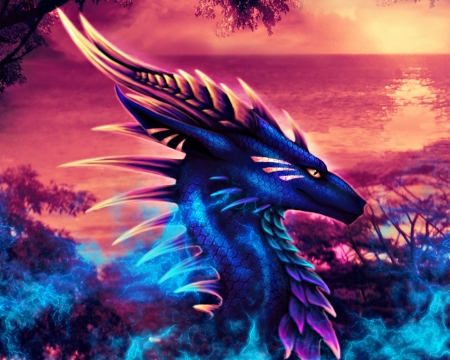 Dragon - shiny sunset, water, blue, sea, selianth, pink, fantasy, dragon, art, luminos