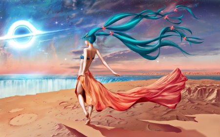 Hatsune Miku - moon, anime, vocaloid, summer, blue, beach, girl, sea, hatsune miku, orange, sand, manga, hayden mackenzie, luna