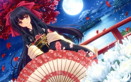 Moonlight - anime, blue, night, nishimata aoi, umbrella, red, full, luna, moon, chrisanthemum, girl, kimono, flower, moonlight, manga, white, autumn, chrysanthemum, japanese