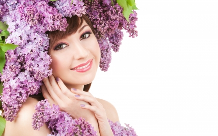 Spring lady - woman, girl, spring, model, face, white, purple, pink, smile, lilac, flower