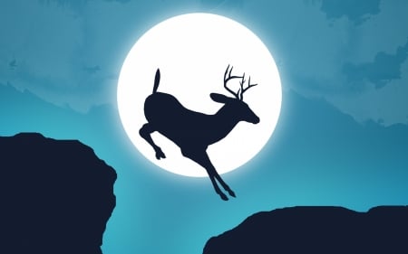 Moonlight - animal, black, silhouette, deer, blue, white, full, fantasy, light, moon, luminos, horns