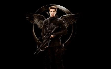 The Hunger Games: Mockingjay - Part 2 (2015) - mockingjay, actor, man, Liam Hemsworth, black, fantasy, the hunger games, wings, movie