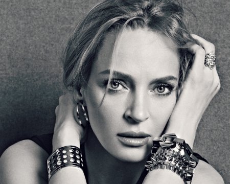 Uma Thurman - white, woman, face, actress, girl, uma thurman, bw, black