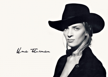 Uma Thurman - woman, actress, girl, hat, cowgirl, bw, black, white, uma thurman