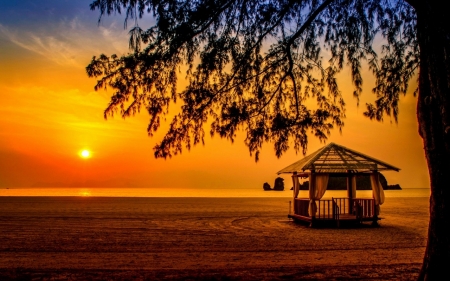 Sunset - sea, beach, sun, gazebo