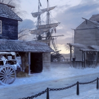 sailing ship by the frozen village