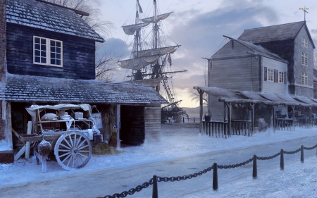 sailing ship by the frozen village - village, ship, cart, snow