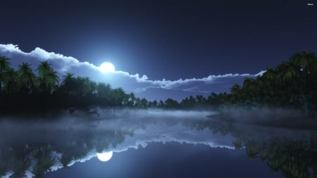 beautiful night sky reflecting in the clear lake - cloud, moon, lake, tree