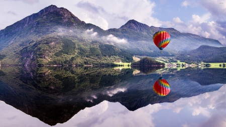 hot air balloon over crystal clear lake - lake, reflection, moutain, balloon