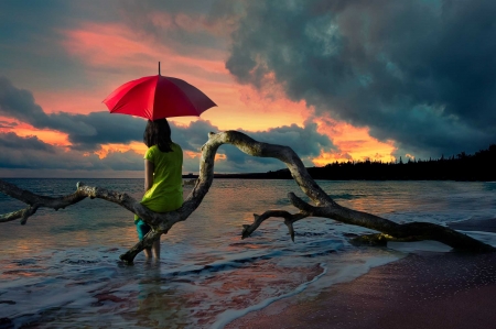 â™¥ - abstract, girl, sea, umbrella