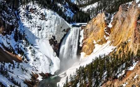 Mountain Falls - waterfall, trees, nature, mountain, snow