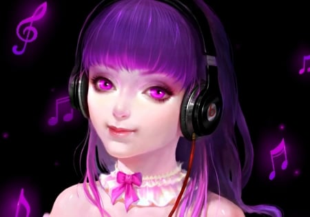 Fantasy girl - guoxx, amethyst eyes, girl, pink, music, black, fantasy, headphones, purple, art, luminos