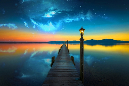 Lantern Pier - sky, photography, paradise, dock, water, evening, lantern, clouds, stars, lake, skyphoenixx1, nature, pier, abstract, dawn, to, island, photo, sea