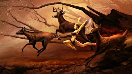 Running deers - diana, girl, running deers, fantasy, animal, goddess, red, woman, nell-fallcard, art