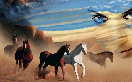 Cowgirl's Herd - girls, women, style, fun, models, female, cowgirls, fantasy, western, horses, art, abstract, 3d, desert