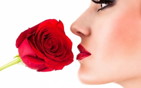 Red - face, red, flower, rose, lipstick, girl, white, lips, woman