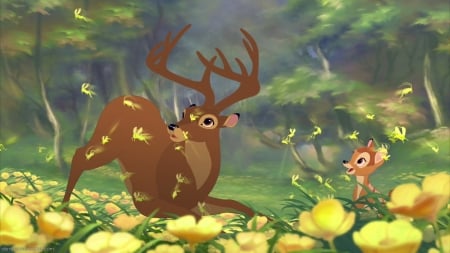 Bambi (1942) - animation, bambi, yellow, flower, horns, fantasy, deer, green, movie, cute, disney