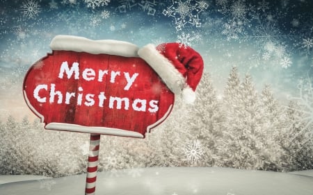 Merry Christmas! - red, winter, craciun, christmas, blue, white, card, hat, santa