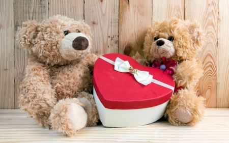 Happy Valentine's Day! - heart, wood, toy, white, red, valentine, teddy bear, cute, box, gift, couple