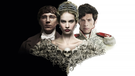 War & Peace (2016) - actor, poster, Lily James 	Lily James, girl, Lily James, man, actress, Paul Dano, black, white, James Norton, woman, movie, war and peace