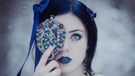 The Hidden Side of Me - female, blue, woman, one eye, makeup, ribbons