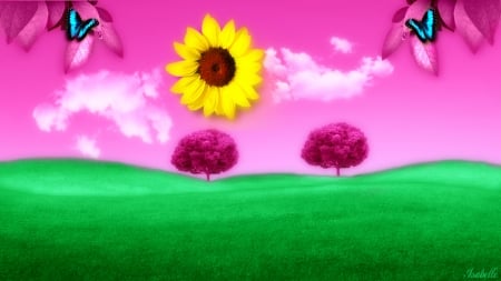 Fields of Dreams â™¥ - sunflower, dreams, sky, pink, clouds, green, photo manipulation, fantasy