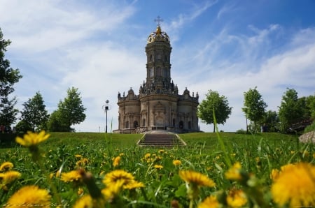 Church - nature, field, flowers, church