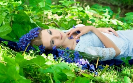 Lovely Girl - flowers, lying, woman, model