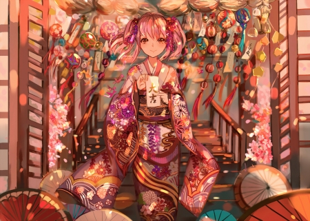 Wish of New Year - pretty, anime, twintail, long hair, wishes, red, pink hair, anime girl, beautiful, girl, beauty, colors, kimono, lovely, sweet, cote, soft, new year, temple