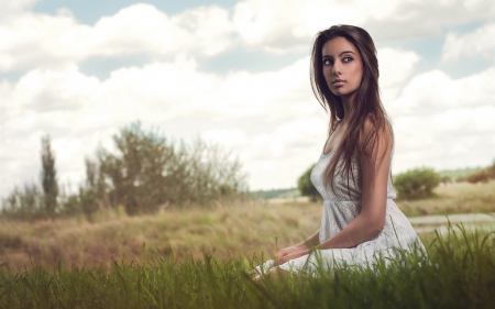 girl in lace dress - dress, girl, grass, lace, field