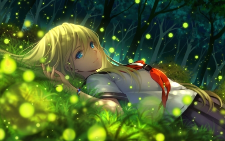 Fireflies - girl, anime, fireflies, night