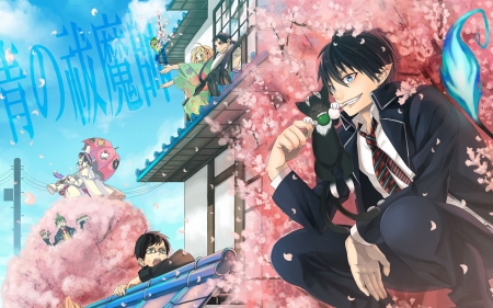 Ao no Exorcist - peach blossom, anime, reunion, Ao no Exorcist, family