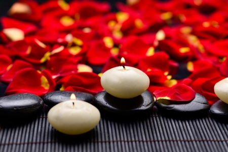 Spa background - pretty, relax, roses, spa, beautiful, candle, fragrance, flame, petals, still life, leaves, stones, flowers, scent, red, background