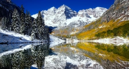 Mountain and lake in winter - trees, hills, winter, beautiful, snow, landscape, reflection, mountain, shore, mirror, peak, cliffs, serenity, lake, sky, rocks