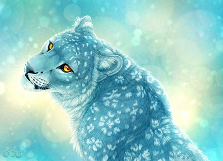 Wintercoat - snow leopard, cat, iarna, pisici, winter, frumusete, deyvarah, fantasy, superb, white, art, gorgeous, luminos, blue, animal, wintercoat