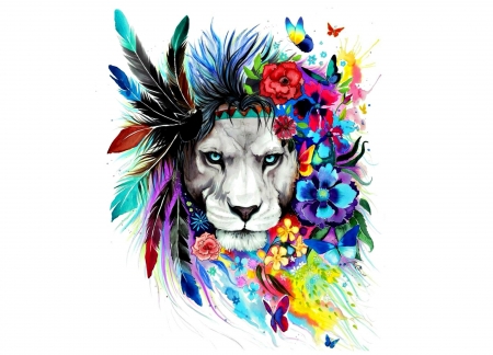 King of the lions - yellow, blue, flower, fantasy, white, animal, red, green, pixiecold, king of the lions, lion, art