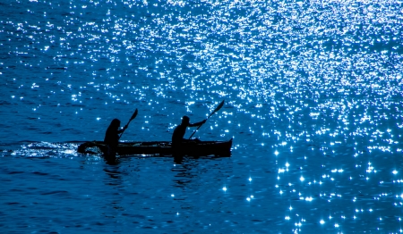 Silhouettes on glittering waters - black, people, summer, blue, glitter, boat, sea, silhouette