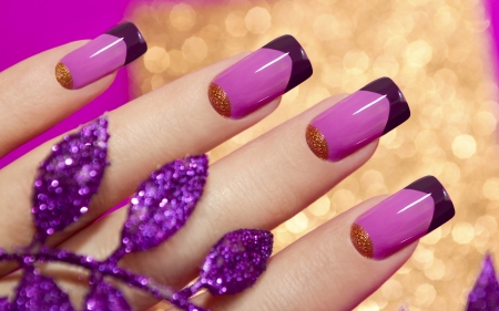 Purple - glitter, purple, pink, hand, golden, nails, leaf