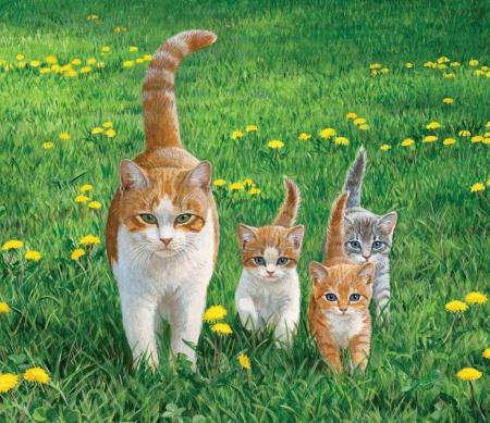 Proud Mummy - lawn, cubs, blossoms, cats, garden