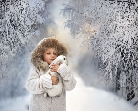 Friends in Winter - rabbit, trees, girl, forest, snow