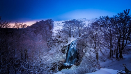 beautiful winter waterfall in auvergne france - winter, hills, watefall, tress